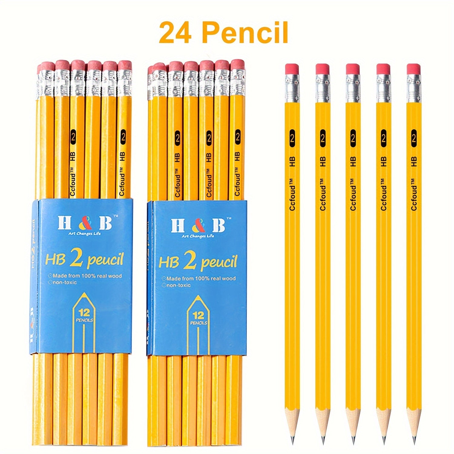 HB Hexagon Wooden Pencils With Red Color Eraser, 12pcs/24pcs Pencils With Eraser Head, HB Pencils For Writing, Drawing And Sketching, Yellow Wooden Pencils For Office